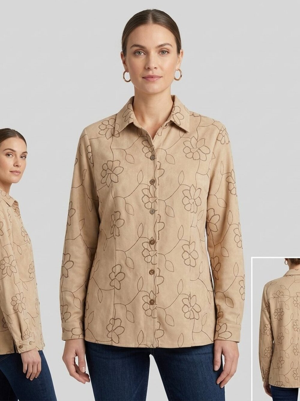Sag Harbor Beige Floral Embroidered Shirt Jacket M Boho Grannycore Vintage Y2K